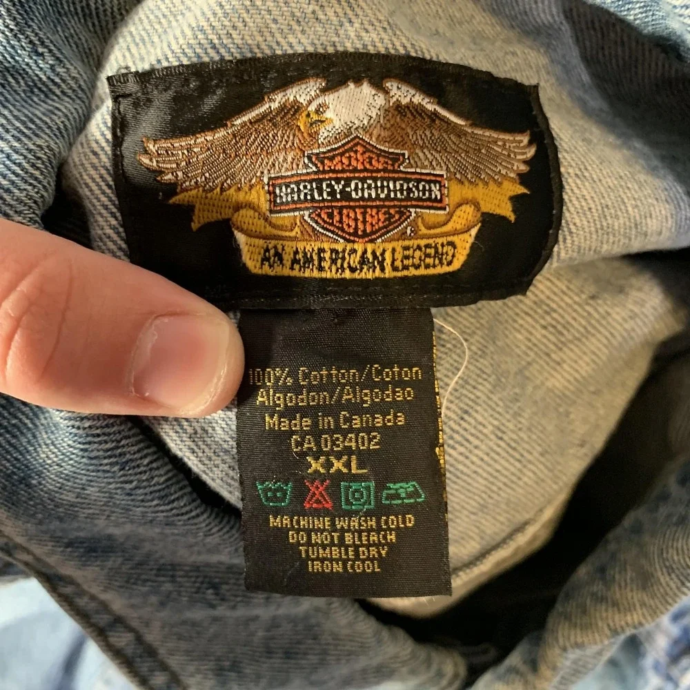 Vintage Harley Davidson Jacket Mens 2XL Blue Denim Eagle Racing Patch Motorcycle